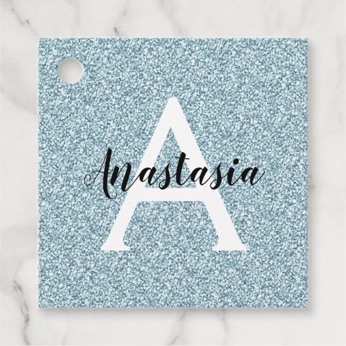 Glam Blue Silver Glitter Sparkles Monogram Name Favor Tags