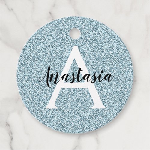 Glam Blue Silver Glitter Sparkles Monogram Name Favor Tags