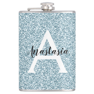Glam Blue Silver Glitter Sparkles Monogram Name Flask