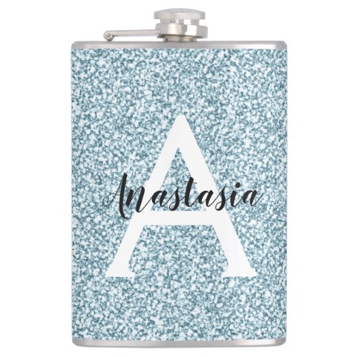 Glam Blue Silver Glitter Sparkles Monogram Name Flask