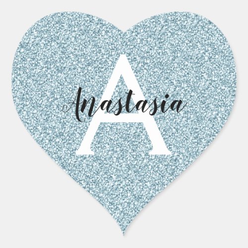 Glam Blue Silver Glitter Sparkles Monogram Name Heart Sticker