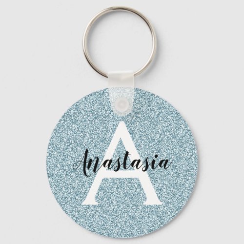 Glam Blue Silver Glitter Sparkles Monogram Name Keychain