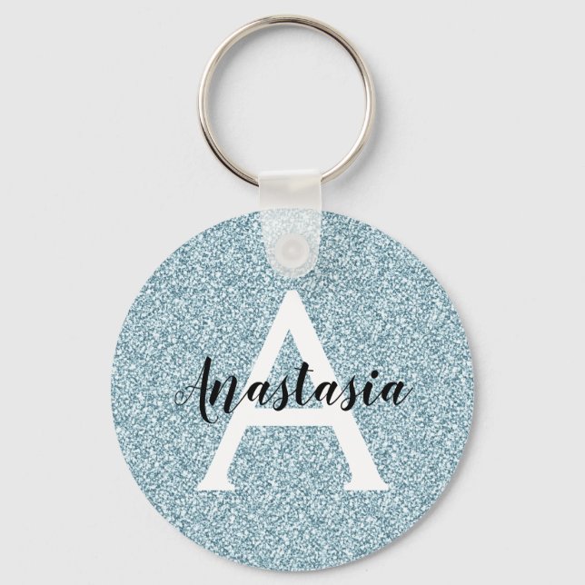 Glam Blue Silver Glitter Sparkles Monogram Name Keychain (Front)