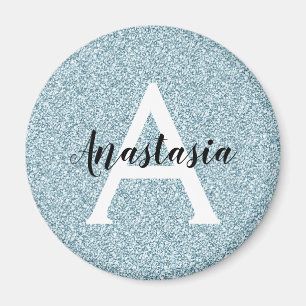 Glam Blue Silver Glitter Sparkles Monogram Name Magnet