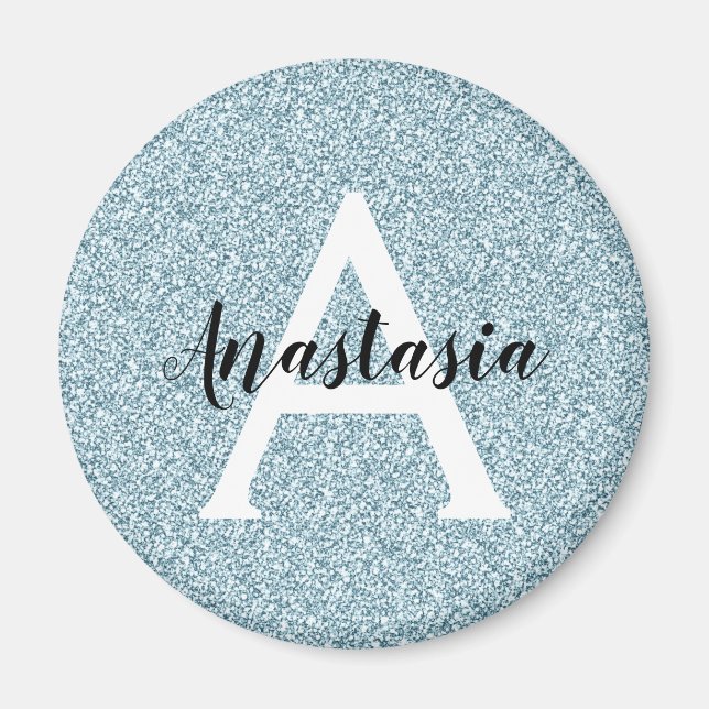 Glam Blue Silver Glitter Sparkles Monogram Name Magnet (Front)
