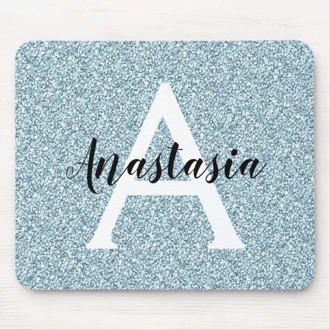 Glam Blue Silver Glitter Sparkles Monogram Name Mouse Pad (Front)