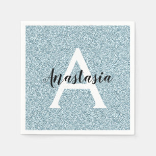 Glam Blue Silver Glitter Sparkles Monogram Name Napkins