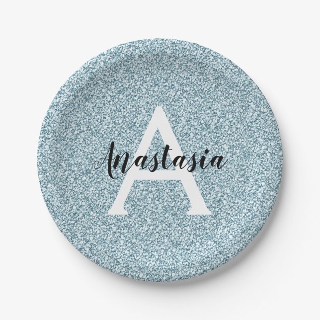 Glam Blue Silver Glitter Sparkles Monogram Name Paper Plates (Front)