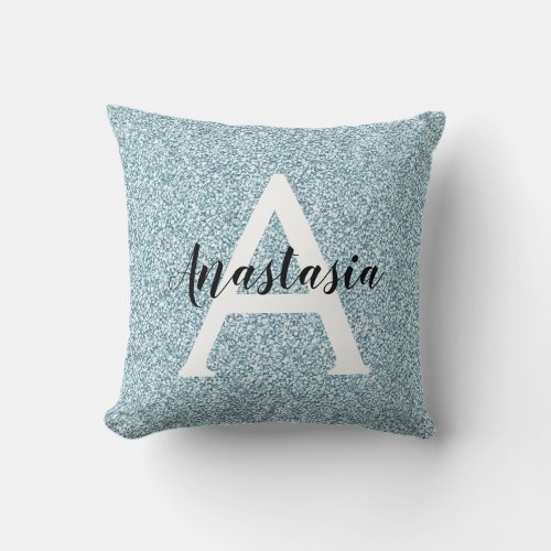 Glam Blue Silver Glitter Sparkles Monogram Name Throw Pillow