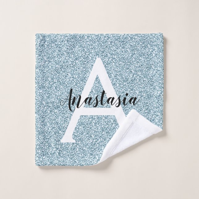 Glam Blue Silver Glitter Sparkles Monogram Name Wash Cloth (Wash Cloth)