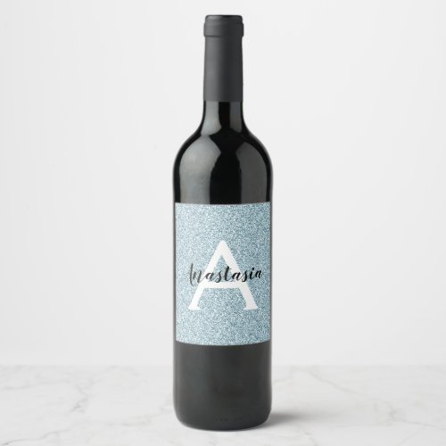 Glam Blue Silver Glitter Sparkles Monogram Name Wine Label