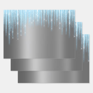 Glam Blue Silver Icicles Christmas Wrapping Paper Sheets