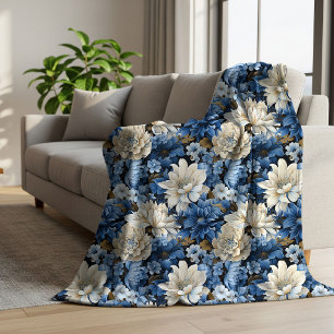 Glam Blue White Ivory Floral Cozy Fleece Blanket