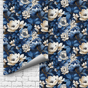 Glam Blue White Ivory Floral Luxury Wallpaper