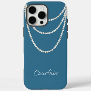 Glam Blue White Pearls iPhone 16 Pro Max Case