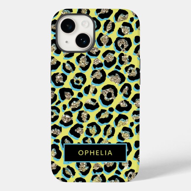 Glam Blue Yellow Gold Glitter Leopard Print Name Case-Mate iPhone Case (Back)