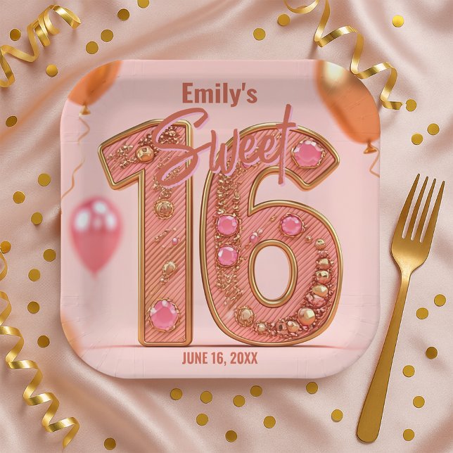 Glam Blush and Rose Gold Sparkle Sweet Sixteen  Paper Plates (Creator Uploaded)