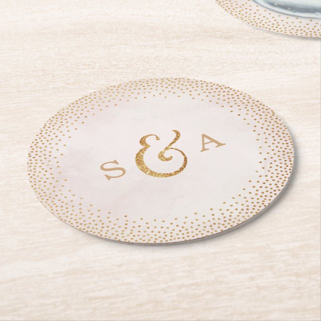 Glam blush faux glitter rose gold wedding monogram round paper coaster (Angled)