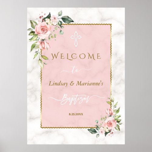Glam Blush Floral Gold Twins Welcome Baptism Sign