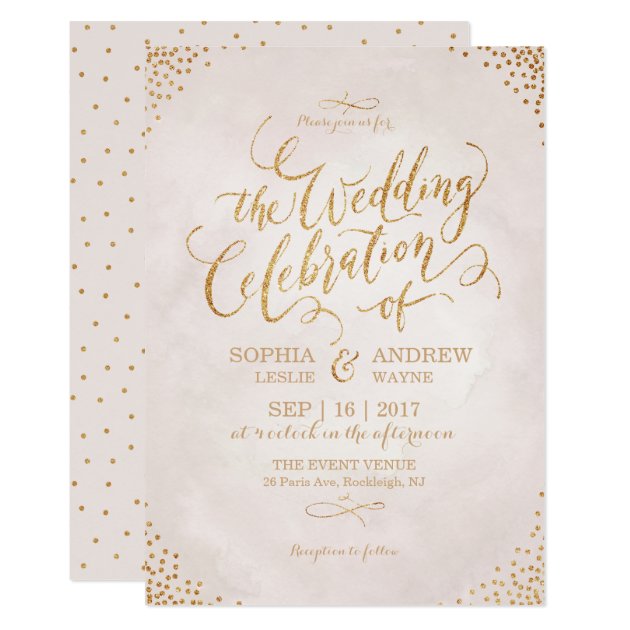 Glam Blush Glitter Rose Gold Calligraphy Wedding Invitation