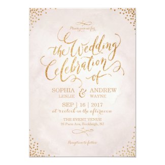Glam blush glitter rose gold calligraphy wedding card