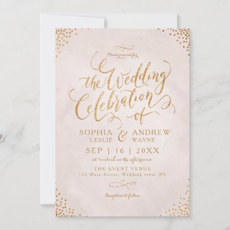 Glam Blush Glitter Rose Gold Calligraphy Wedding Invitation