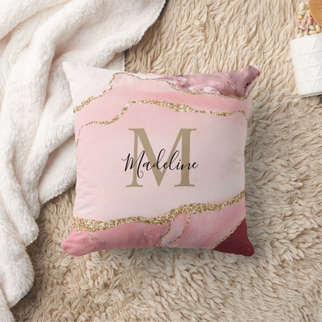 Glam Blush Pink Agate Geode Glitter Gold Monogram Throw Pillow (Blanket)
