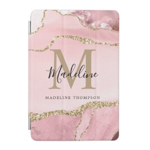 Glam Blush Pink Agate Geode Gold Script Monogram iPad Mini Cover