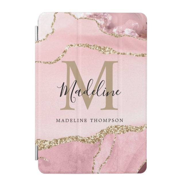 Glam Blush Pink Agate Geode Gold Script Monogram iPad Mini Cover (Front)