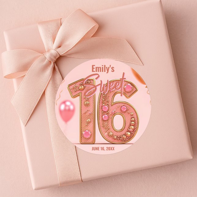 Glam Blush Pink and Gold Gemstone Sweet Sixteen  Classic Round Sticker (Creator Uploaded)
