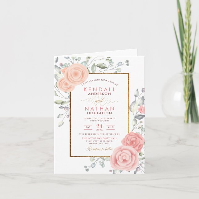 Glam Blush Pink Aquarelle Blossoms Spring Wedding Invitation (Front)