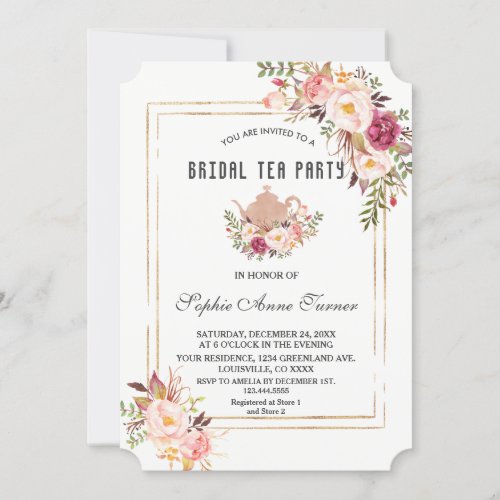 Glam Blush Pink Floral Bridal Shower Tea Party Invitation