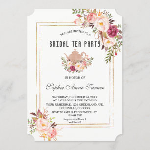Glam Blush Pink Floral Bridal Shower Tea Party Invitation
