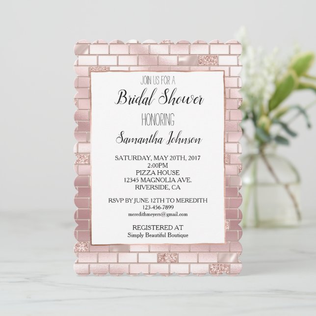 Glam Blush Pink Glitter Bricks Bridal Shower Invitation (Standing Front)