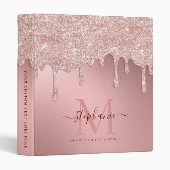 Glam Blush Pink Glitter Drip Foil Monogram 3 Ring Binder (Front/Spine)