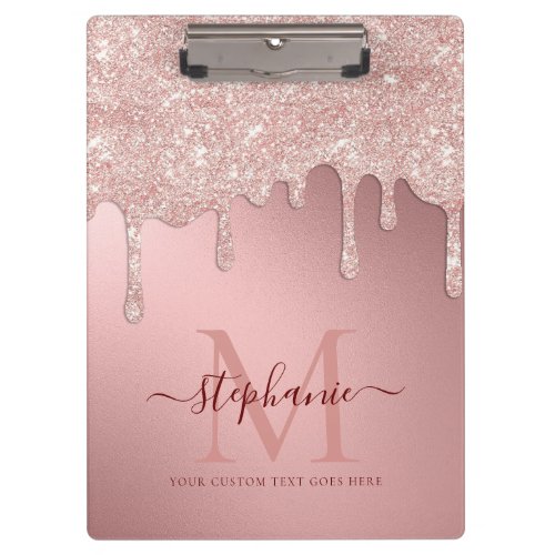 Glam Blush Pink Glitter Drip Foil Monogram Clipboard