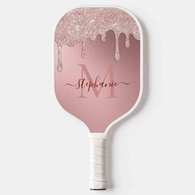 Glam Blush Pink Glitter Drip Foil Monogram Pickleball Paddle (Front)