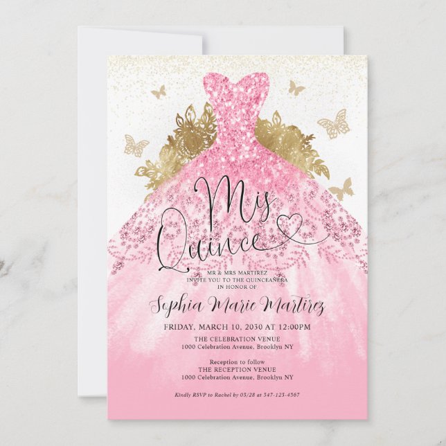 Glam Blush Pink Gold Dress Mis Quince Quinceañera Invitation (Front)