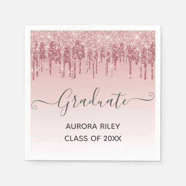 Glam Blush Pink Gold Dripping Glitter Graduation Napkins (Front)
