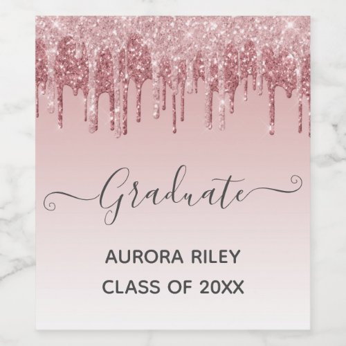 Glam Blush Pink Gold Dripping Glitter Graduation Wine Label