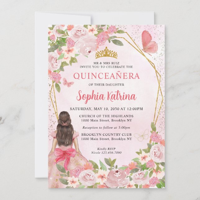 Glam Blush Pink Gold Floral Princess Quinceañera Invitation (Front)