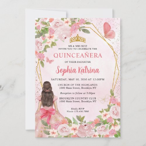 Glam Blush Pink Gold Floral Princess Quinceaera Invitation