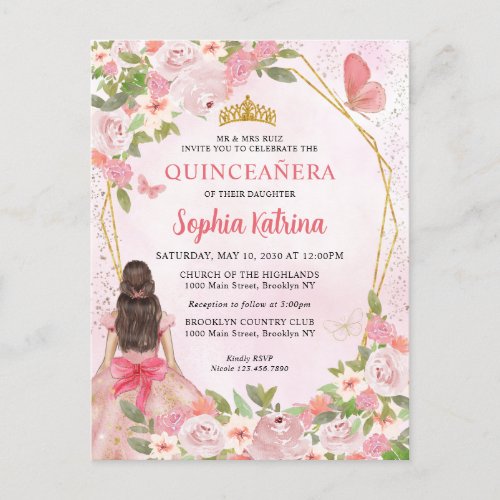 Glam Blush Pink Gold Floral Princess Quinceaera Invitation Postcard