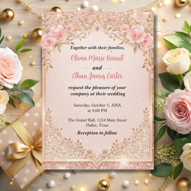 glam blush pink Gold Glitter Floral wedding  Invitation (Creator Uploaded)