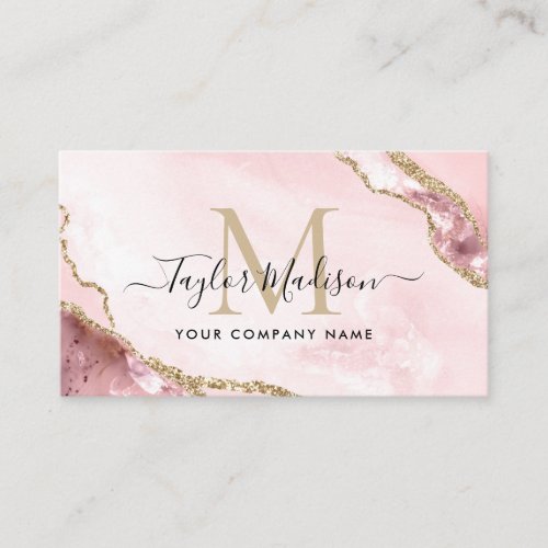 Glam Blush Pink Gold Glitter Marble Agate Monogram Business Card