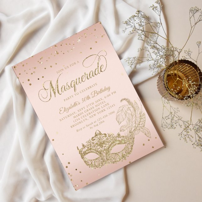 Glam Blush Pink Gold Glitter Masquerade Birthday Invitation (Creator Uploaded)