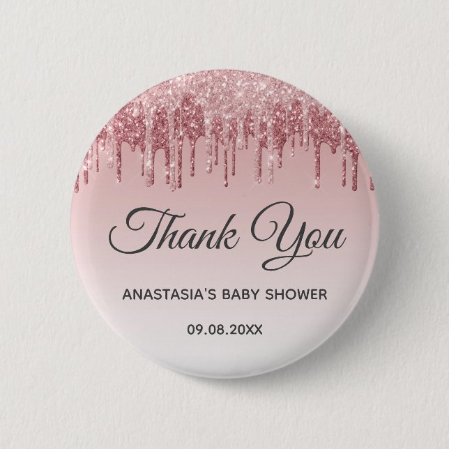 Glam Blush Pink Gold Glitter Thank You Baby Shower Button (Front)