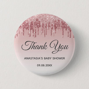 Glam Blush Pink Gold Glitter Thank You Baby Shower Button