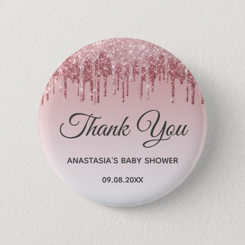 Glam Blush Pink Gold Glitter Thank You Baby Shower Button