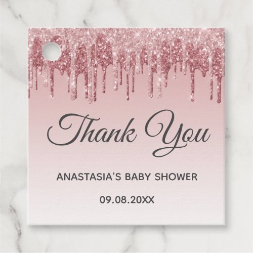 Glam Blush Pink Gold Glitter Thank You Baby Shower Favor Tags